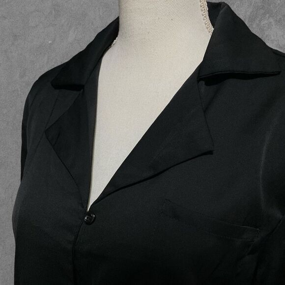 SHEIN | Black Button Down Collared Long Sleeve Blouse Elastic Sleeve Cuffs M - Picture 4 of 8